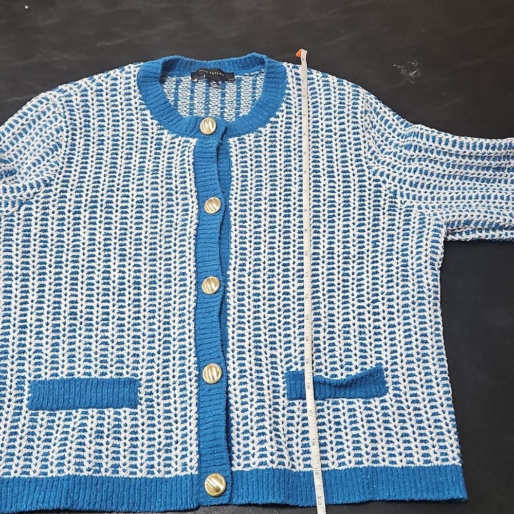 Ann Taylor Textured Knit Cardigan Tank Set Blue White Gold Button Lady Jacket M - Picture 13 of 16